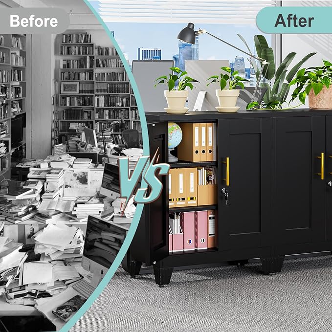 35.43" Metal Storage Cabinet with Lock, Metal File Cabinet with 2 Doors ＆ 2 Adjustable Shelves, Steel Locker Utility Tool Garage Cabinets for Home, Office, Warehouse (Black)