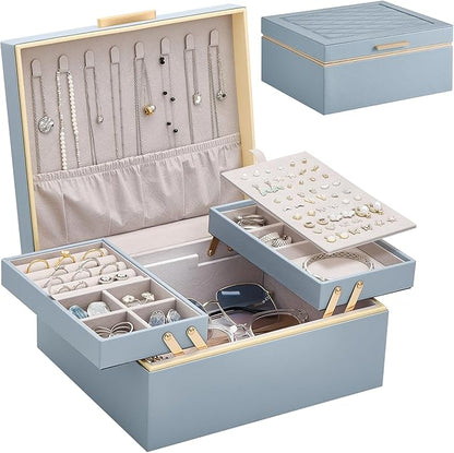 Lolalet Jewelry Box Organizer for Women Girls, 2 Layer Jewelry Organizers and Storage for Necklace Earrings Rings Bracelets, Large Jewellery Holder Case Birthday Valentine Gifts -HazeBlue