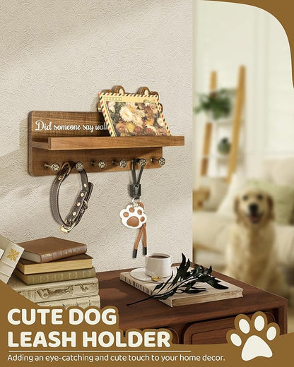 MTERSN Farmhouse Dog Leash Holder for Wall - Decorative Key Hooks Wall Mount with Paw Shape and 6 Unique 3D Hooks - Dog Lover for Home Decor (Acacia Wood)