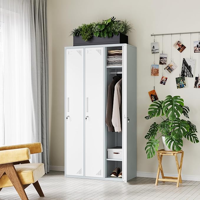 Letaya Metal Lockers for Employees，71" Employees Storage Cabinet with Lock, Steel Storage Locker for Gym, School, Home, Office Staff (Grey White, 3 Door)