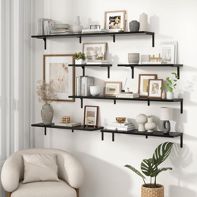 Fun Memories Deep Floating Shelves, 16W x 8D Floating Shelves Set of 2, Wall Mounted Shelf with Metal Brackets, Rustic Wood Wall Shelf for Bathroom, Kitchen and Living Room, Black