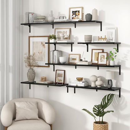 Fun Memories Deep Floating Shelves, 36W x 8D Floating Shelves Set of 2, Wall Mounted Shelf with Metal Brackets, Rustic Wood Wall Shelf for Bathroom, Kitchen and Living Room, Black