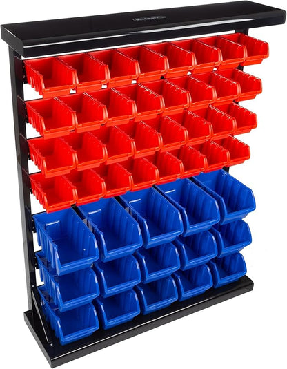 47-Bin Garage Organization Rack (15 Large, 32 Small) - Tabletop or Wall Mount Steel Rack with Removable Stackable Garage Storage Bins, Small Parts Organizer for Hardware or Office Supplies by Stalwart