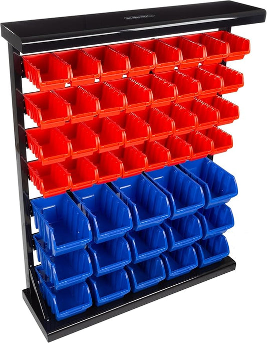 47-Bin Garage Organization Rack (15 Large, 32 Small) - Tabletop or Wall Mount Steel Rack with Removable Stackable Garage Storage Bins, Small Parts Organizer for Hardware or Office Supplies by Stalwart