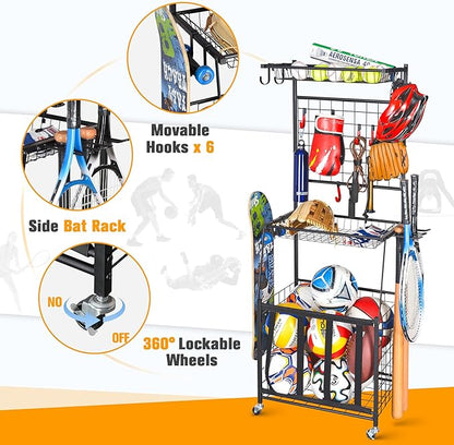 PLKOW Sports Equipment Storage for Garage, Indoor/Outdoor Sports Rack for Garage, Ball Storage Garage Organizer with Basket and Hooks,Toy/Sports Gear Storage