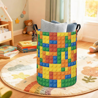 HUNRUNG Laundry Hamper,Large Canvas Fabric Lightweight Storage Basket Toy Organizer Dirty Clothes Collapsible Waterproof for College Dorms（Round-Colorful Blocks）