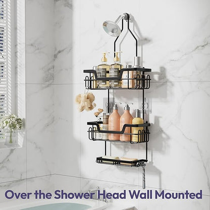 SWTYMIKI Bathroom Shower Caddy Hanging - 3 Tier Rustproof Over Shower Head Organizer, No Drilling Bathroom Shelf with 16 Hooks & Soap Holder, Anti-Swing Rack for Shampoo,Sponge,Towel, Black, Large