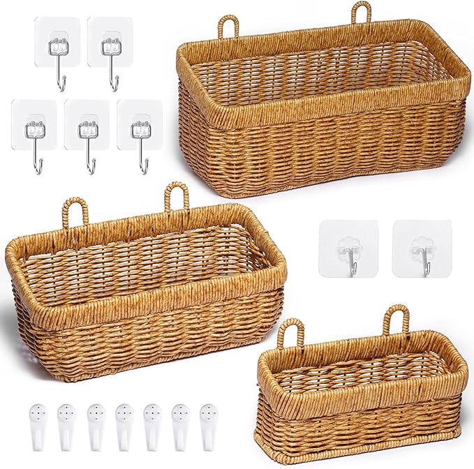 3 Pack Woven Storage Basket, Organizer Trays, Paper Box, Vintage Bin for Bathroom, Kitchen, Vanity Countertop Table Shelf, Vegetable & Fruit Storage Boxes, Potato Onion Basket (Yellow, 3 pc (set))