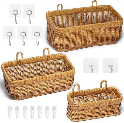 3 Pack Woven Storage Basket, Organizer Trays, Paper Box, Vintage Bin for Bathroom, Kitchen, Vanity Countertop Table Shelf, Vegetable & Fruit Storage Boxes, Potato Onion Basket (Yellow, 3 pc (set))