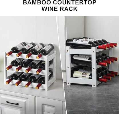 VASMIA Bamboo Wine Rack, Sturdy and Durable Wine Storage Cabinet Shelf, Wine Racks Countertop for Pantry,Kitchen,3-Tier 12 Bottles Wine Rack White