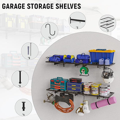 Garage Wall Shelves, 46"X12.5" Garage Shelving Wall Mounted, Heavy Duty Shelf Storage Rack with 4 Hooks, Black Organizer Floating Metal Shelf 160 LBS Capacity for Office, Basement, Laundry Room