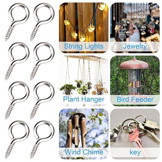 Aovchei Eye Screws, 50Pcs 1 inches 304 Heavy Duty Stainless Steel Screw Hooks, Self Tapping Eye Bolts, Indoor & Outdoor for Hanging Artwork