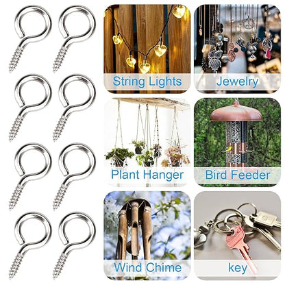 Aovchei Eye Screws, 50Pcs 1 inches 304 Heavy Duty Stainless Steel Screw Hooks, Self Tapping Eye Bolts, Indoor & Outdoor for Hanging Artwork