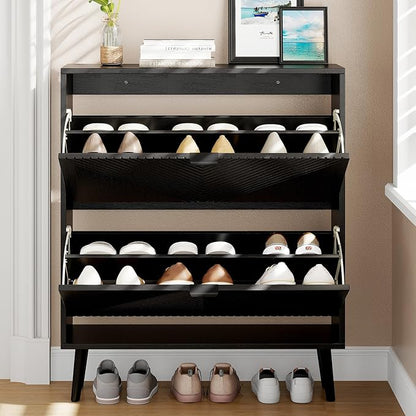 Shoe Cabinet Storage, Farmhouse Freestanding Organizer with 2 Flip Drawers and 4 Wooden feet, Narrow Shoe Rack Cabinet for Entryway, Foyer, Hallway, Black