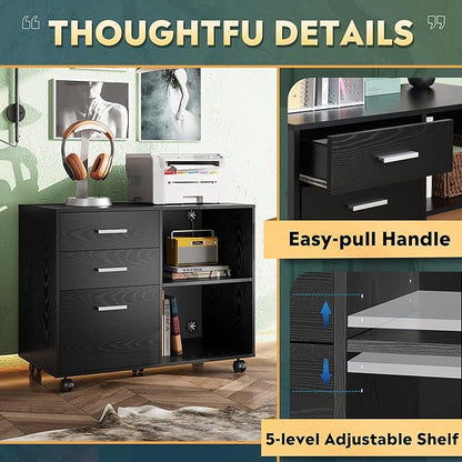 DEVAISE 3 Drawer Mobile File Cabinet, Wood Lateral Filing Cabinet, Printer Stand with Open Shelves for Home Office, Black
