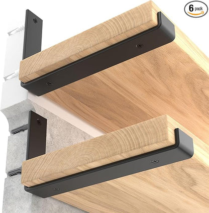 LEOPO 8 inch Shelf Brackets 6-Pack ,1/5 inch Thick Heavy Duty Industrial Bracket for DIY Floating Shelf Support, Black Coated Wall Shelf Support, 7.25” x 4” x 1.5”