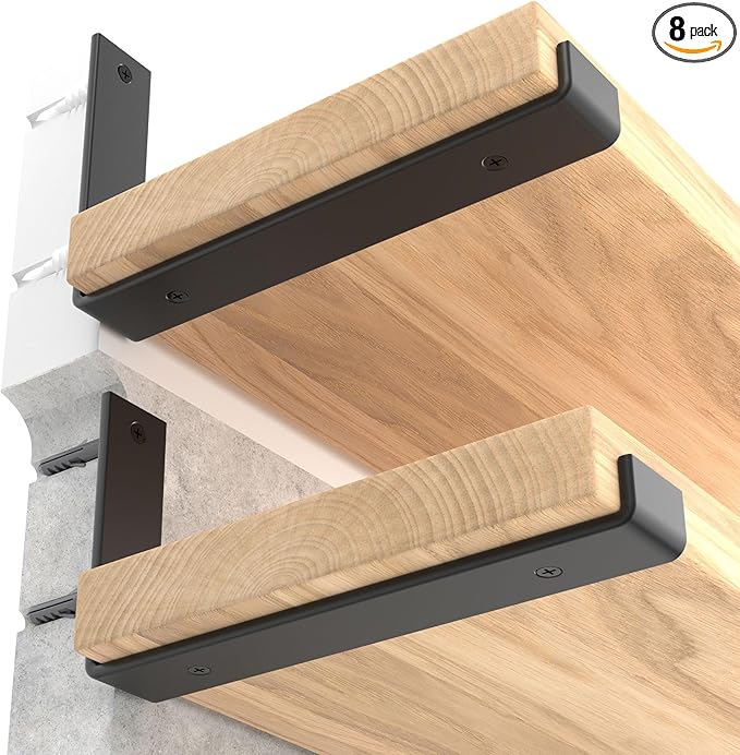 LEOPO 8 inch Shelf Brackets 8-Pack ,1/5 inch Thick Heavy Duty Industrial Bracket for DIY Floating Shelf Support, Black Coated Wall Shelf Support, 7.25” x 4” x 1.5”
