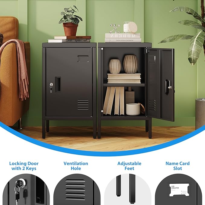 24.4" H Metal Locker Storage Cabinet with Adjustable Shelf, 1 Door Small Storage Cabinet with Adjustable Leveling Foot for Home,Office, Kids Locker,Assembly Required,Balck