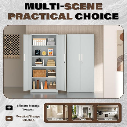 Metal Garage Storage Cabinet, 72” Lockable File Cabinets with 2 Doors and 4 Adjustable Shelves, Steel Tool Cabinets with Lock for Office, Home, Garage, Warm Grey