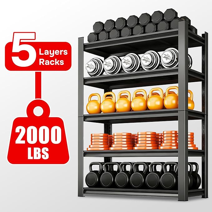 Heavy Duty 5-Tier, Garage Shelving Unit (72" H X 40" W X 18" D) Adjustable Black Metal Storage Shelves, Ideal for Garage, Basement, Pantry & Warehouse, Black, 3000LBS Capacity