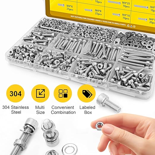 490pcs M4 Screws,Nuts and Washers Assortment kit, M4x6/8/10/12/16/20/25/30 mm Hex Socket Head Cap Screw Bolts Nuts Washer Kit,304 Stainless Steel Bolt Set for DIY, 3D Printer