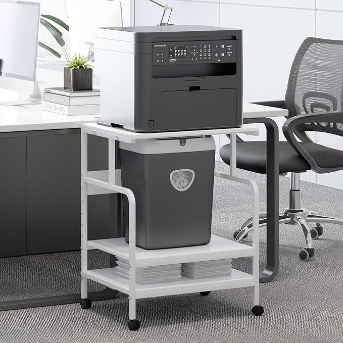 Large Printer Stand with Storage Shelf, 23.6" W x 18.9" D Printer Cart with Wheels, 3 Tier Mobile Printer Table for Home Office,Stands for Heat Press Scanner Fax (White)