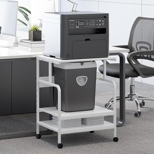 Large Printer Stand with Storage Shelf, 23.6" W x 18.9" D Printer Cart with Wheels, 3 Tier Mobile Printer Table for Home Office,Stands for Heat Press Scanner Fax (White)