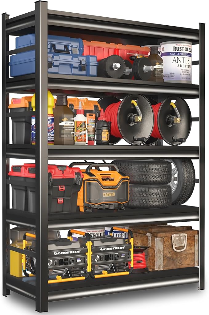 78''H Garage Shelf,5-Tier Metal Shelving Unit ,Metal Garage Shelf Heavy Duty,3000 lbs Capacity,Adjustable Industrial Shelving, Steel Storage Rack,for Basement,Warehouse,Black,18"D x 47.2"W x 78"H