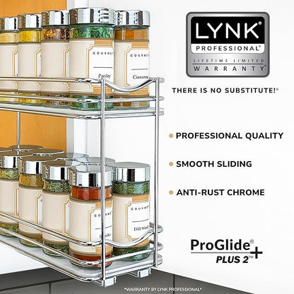 LYNK PROFESSIONAL® Pull Out Spice Rack Organizer for Inside Kitchen Cabinets - 4-3/8 inch Wide - Slide Out Drawer – Chrome Sliding Spice Organization for cabinet - Spice Racks - 2 Tier