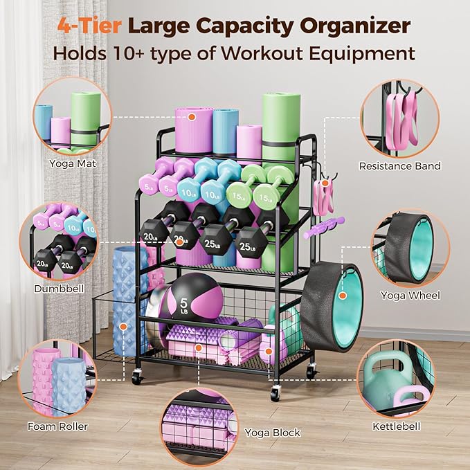 Dumbbell Rack, Home Gym Weight Rack Storage, Adjustable Dumbbell Stand Organizer with Wheels, Holds Dumbbells, Kettlebells, Yoga Mats