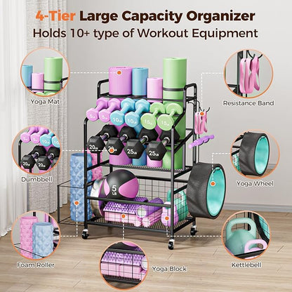 Dumbbell Rack, Home Gym Weight Rack Storage, Adjustable Dumbbell Stand Organizer with Wheels, Holds Dumbbells, Kettlebells, Yoga Mats