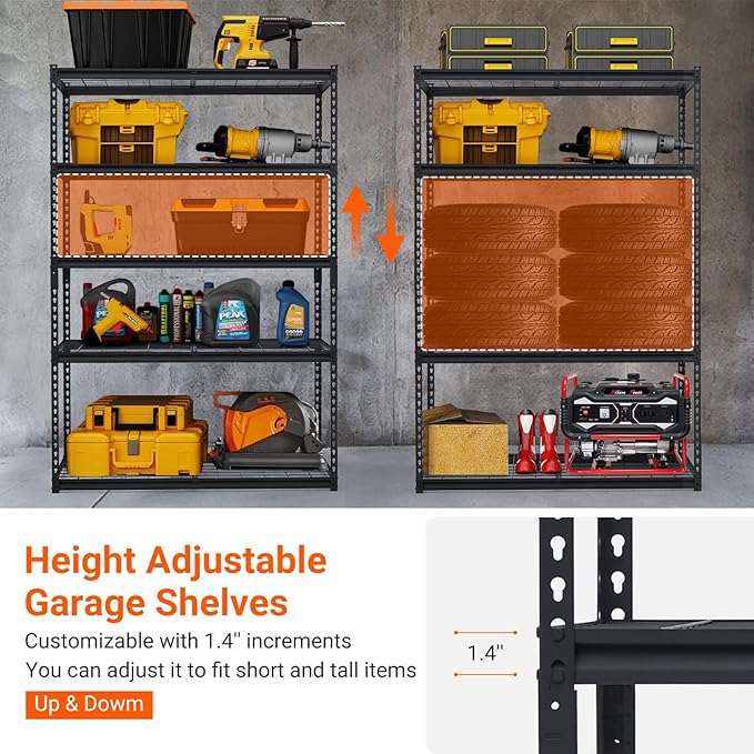 Heavy Duty Shelving - 5 Tire Garage Shelving 48x18x72in, Heavy Duty Garage Shelving Adjustable Height, Garage Shelving Units, Durable Storage Solution, Easy Assemble
