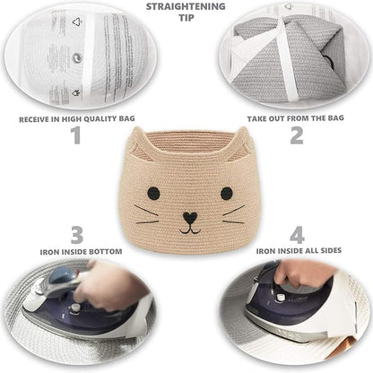 VK VK·LIVING Animal Baskets Large Woven Cotton Rope Storage with Cute Cat Design Laundry Organizer for Towels, Blanket, Toys, Clothes, Gifts – Cat Toy Box Pet or Baby Gift Baskets 15"Lx14H"