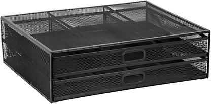 MOUNT-IT! Computer Monitor Stand With Drawers, Metal Mesh Riser and Organizer for Laptops and Computer Screens, Laptop, and Printer Accessories and Office Supplies (Black)