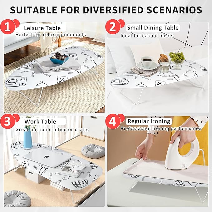Small Tabletop Ironing Board with Heat Resistant Cover and Pad, 28"x12" Portable Compact Iron Board with Non-Slip Folding Feets for Small Spaces, Travel, Home, Apartment and Laundry, Patterned White