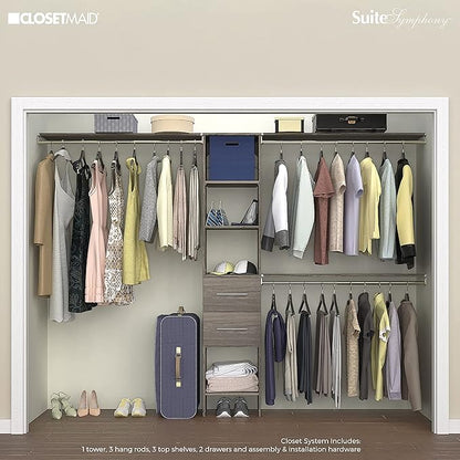 ClosetMaid SuiteSymphony Wood Closet Organizer Kit with Tower, 3 Hang Rods, Top Shelves, 2 Drawers, Modern, Fits Spaces 5 - 9 ft. Wide, Graphite Grey