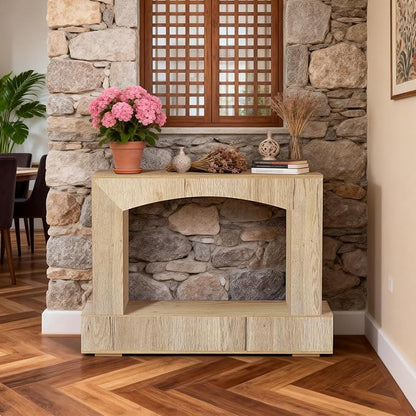 46 Inch Entryway Table U-Shaped, Wooden Console Table with Socket Farmhouse Sofa Table for Entrance, Hallway, Living Room,Behind Couch((Natural Brown)