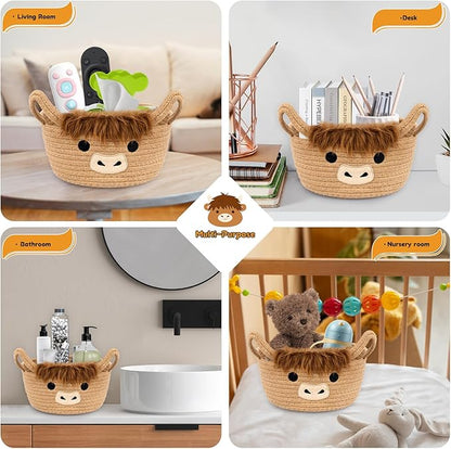 Small Highland Cow Basket Set for Nursery, 2PCS Woven Cotton Rope Storage Cow Basket, Cute Baby Blanket Gift Storage with Soft Ears Handles, Candy Towel Decor Gifts Bin, Pack of 2