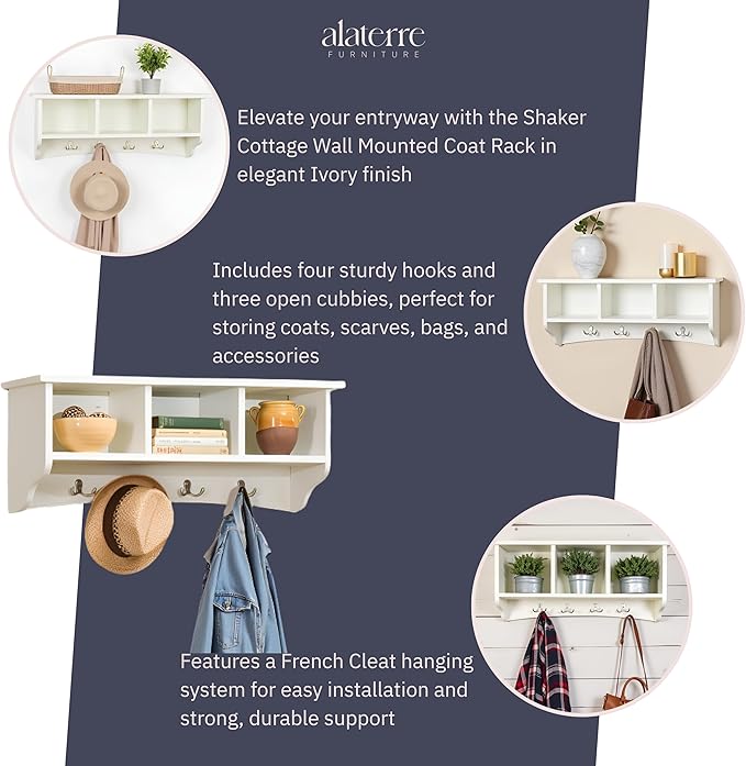 Shaker Cottage 36-Inch Wall-Mounted Coat Rack with 3 Open Shelves – Transitional Entryway Organizer, Mudroom Storage Shelf with 4 Hooks – Space-Saving Wall Storage by Alaterre Furniture (Ivory)