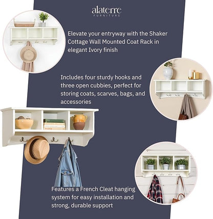 Shaker Cottage 36-Inch Wall-Mounted Coat Rack with 3 Open Shelves – Transitional Entryway Organizer, Mudroom Storage Shelf with 4 Hooks – Space-Saving Wall Storage by Alaterre Furniture (Ivory)
