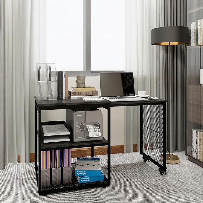 Natwind 24''x20''x29'' Large Printer Stand with Storage Shelves,Extendable Home Craft Table,Home Office Organization Desk, Versatile Table for Home Office, Kitchen, Study Room, Living Room (Black)
