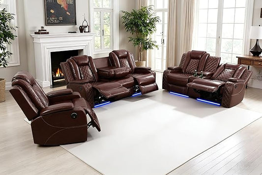 Power Recliner Sofa Set, Leather Reclining Couch Furniture Set for Living Room, Includes 1 Recliner Chair, 1 Loveseat Sofa and One 3-Seater Reclining Couch, 3PCS Power Recling Couch Sets