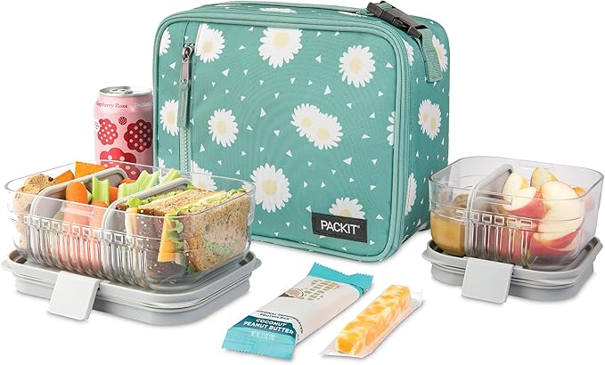 PackIt Freezable Classic Lunch Box, Daisy Sage, Built with EcoFreeze® Technology, Collapsible, Reusable, Zip Closure With Zip Front Pocket and Buckle Handle, Designed for Fresh Lunch On the Go