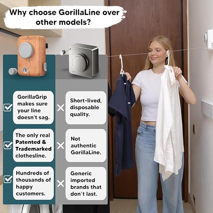 GorillaLine Max – Retractable Clothesline Indoor Outdoor, Non-Sagging Heavy Duty Clothes Drying Line, Wall Mounted Drying Rack, Air Dry Clothing, Max Tighten with GorillaGrip