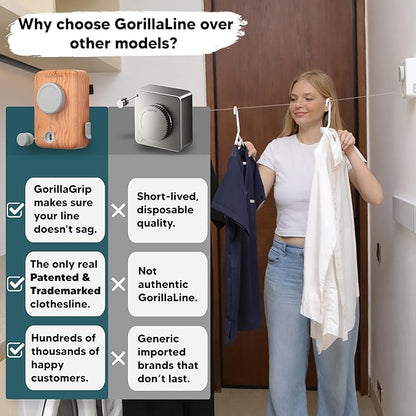 GorillaLine Max – Retractable Clothesline Indoor Outdoor, Non-Sagging Heavy Duty Clothes Drying Line, Wall Mounted Drying Rack, Air Dry Clothing, Max Tighten with GorillaGrip