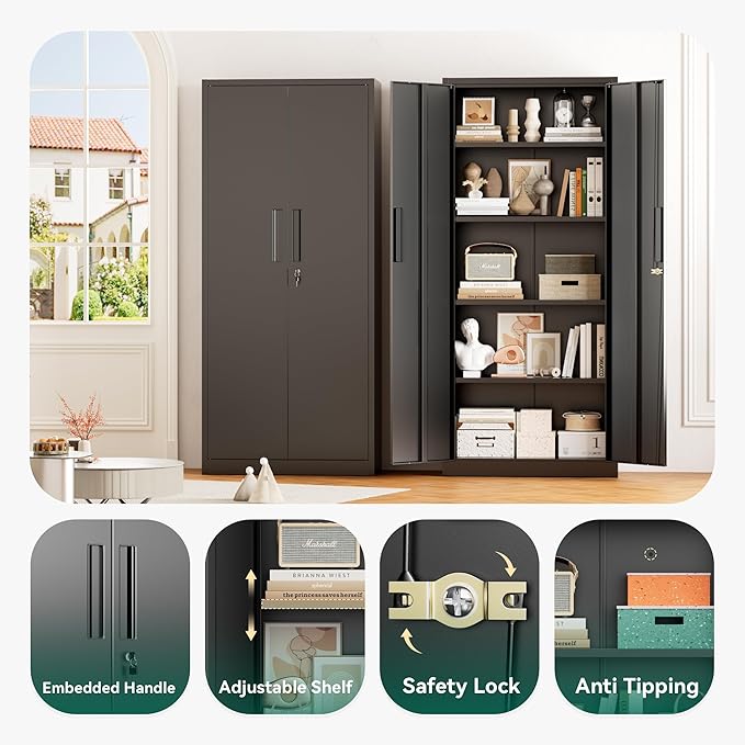 Greenvelly Metal Cabinet, 63”Tall Kitchen Pantry Storage Cabinets with 2 Lock Doors and 4 Adjustable Shelves,Black Kitchen Cabinet Storage for Dinning Room,Garage,Office