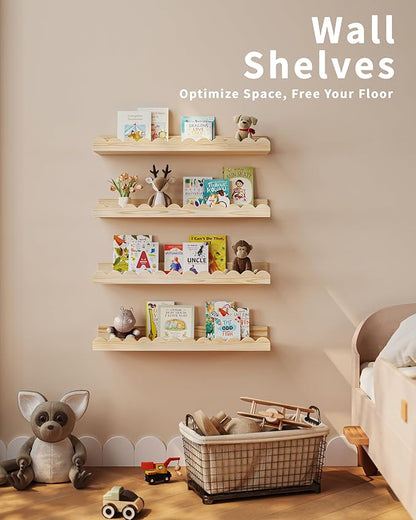 Shario Nursery Book Shelves, 4-Pack Wood Floating Shelves for Wall Kids, Scalloped Shelves, Wall Book Shelves for Bedroom Kids, Toddler Room, Baby Room, Nursery Decor(Wood, 16.5 Inches)