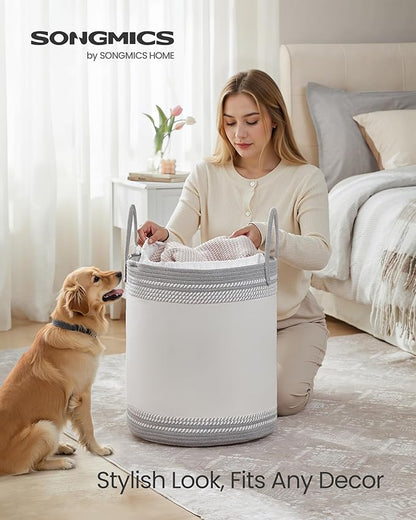 SONGMICS Laundry Hamper, Cotton Rope Laundry Basket with Handles, for Clothing, Living Room, Bedroom, 15.8 Gallons, 16.1 x 16.1 x 18.1 Inches, Cloud White and Dove Gray URLH060G01