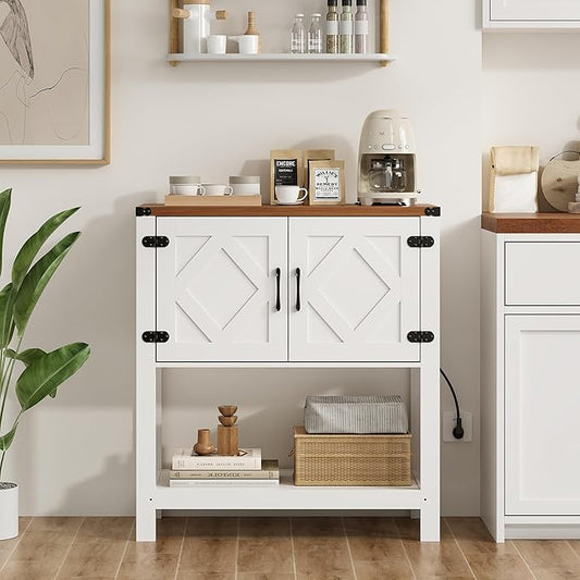 Entryway Console Table with Power Outlets and USB Port, Coffee Bar Cabinet with Doors, Farmhouse Kitchen Cabinets Sofa Table with Storage for Hallway, Foyer, Living Room, Deep Walnut Panel