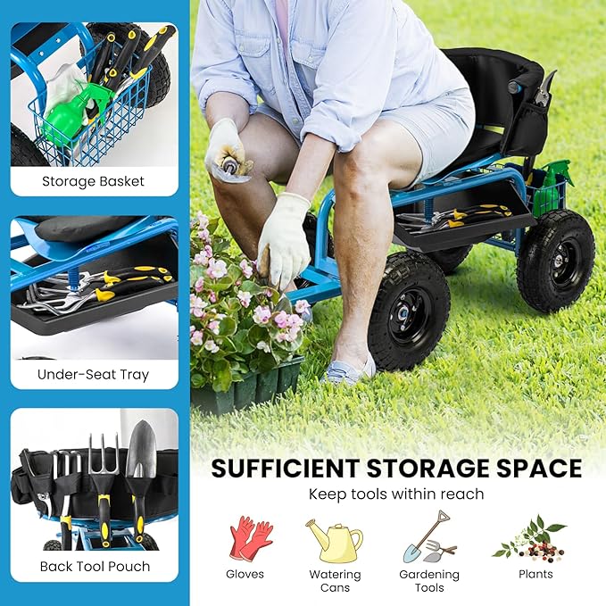 Giantex Rolling Garden Cart, 360 Swivel Workseat with 4 Wheels, Removal Cushion & Tool Tray, Storage Basket, Gardening Wagon Scooter with Adjustable Height, Handle (Blue)